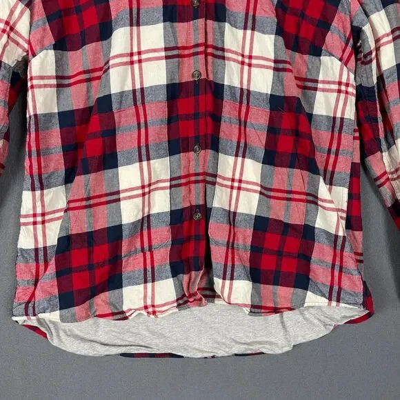 Eddie Bauer Shirt Jacket Women's XL Red Ivory Plaid Hi-Low Button Front Hooded - Picture 4 of 16